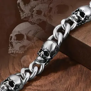 Stainless Steel Magnetic Cuban Chain Men's Skull Gothic Bracelet - Daily Wear Bar Accessories, Cool Punk Style Halloween Gifts