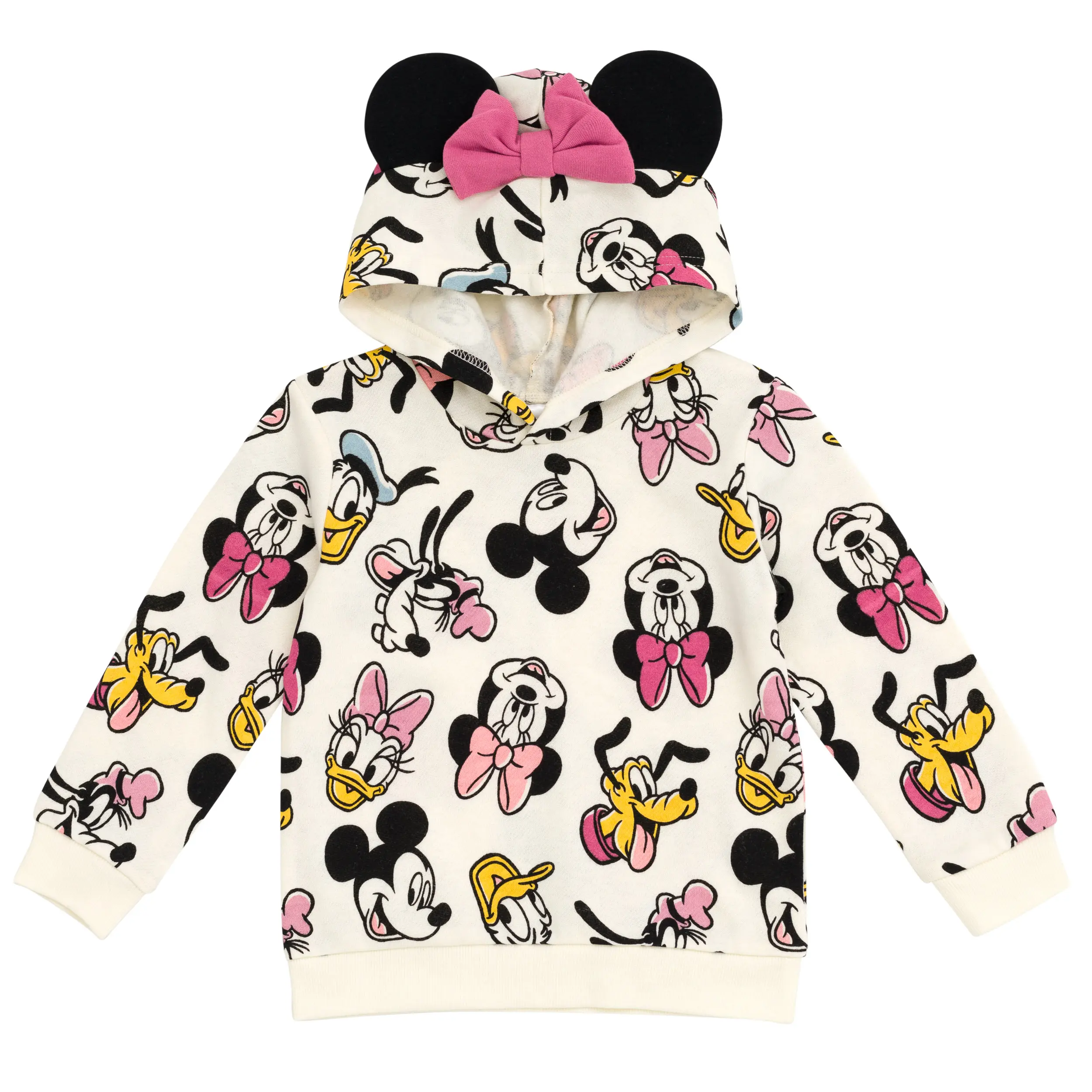 Disney Mickey Mouse & Friends Girls' Hoodie, Ivory Allover Print Long Sleeve Casual Wear Pullover Hoodie, Regular Fit for Baby & Kids 4t, Kids Style, Playtime, Friends Theme, 3D Ears, 3T, All Over Print, 2T