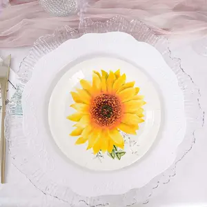 25-Pack Paper 7" Round Dessert Plates White with Sunflower Design - Disposable Salad Plates for Rustic Events & Garden Themes