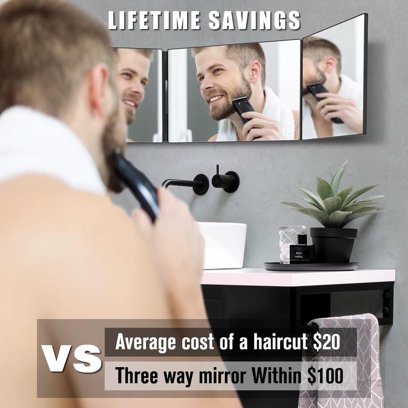 3 Way Mirror for Hair Cutting, Three Way Mirror for Shaver and Makeup, Height Adjustable with Two Hold Nails, 360 Viewing Angle, Clear Anti-Fog HD Glass