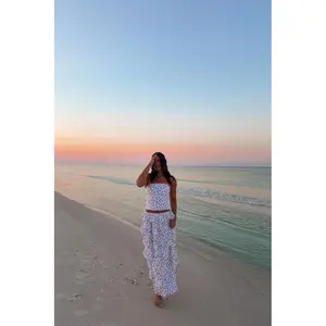 Paisley White Floral Ruffle Maxi Skirt