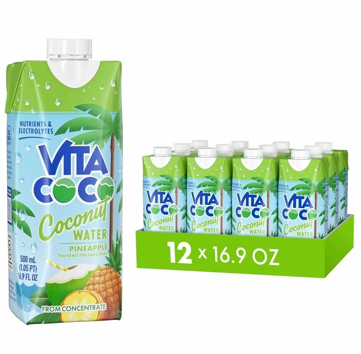 Vita Coco Coconut Water Naturally Hydrating Electrolyte Drink Smart Alternative to Coffee Soda and Sports Drinks Gluten Free, Pineapple, 16.9 Fl Oz (Pack of 12), 202.8 Fl Oz