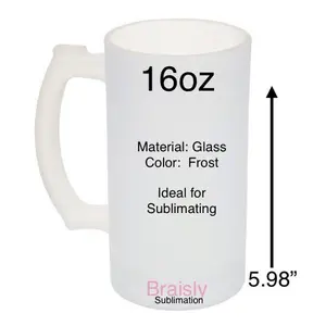 Braisly Sublimation 16oz Glass Mug Frost Color 5.98" Tall Ideal for Sublimating Projects Tumbler Cup Washable Reusable