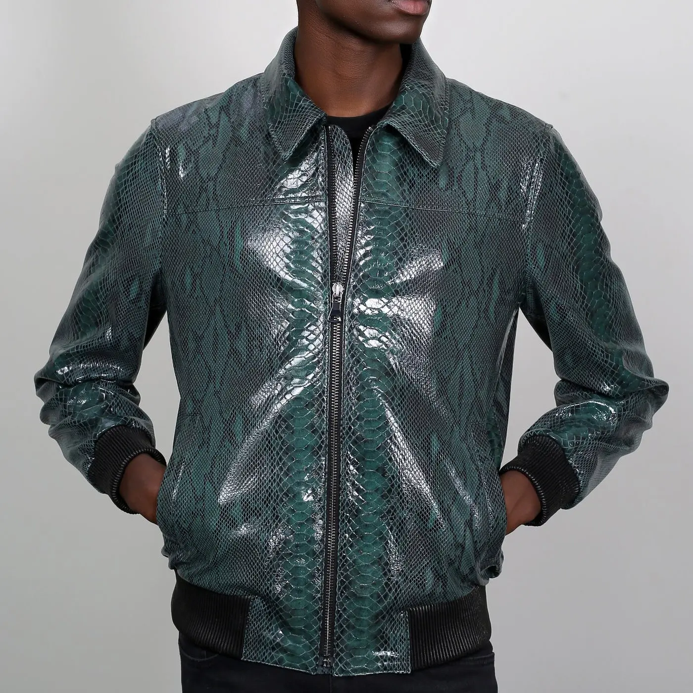 Kashani Men's Green Python Design Patent Leather Bomber Jacket