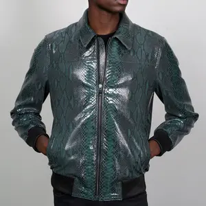 Kashani Men's Green Python Design Patent Leather Bomber Jacket