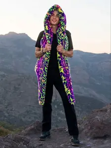 Men's Short Neon Leopard Print Faux Fur Vest, Hooded Windproof Warm Jacket, Soft Polyester Fabric, Spring & Fall Fashion