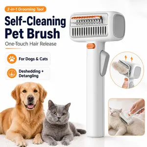 Self-Cleaning Pet Grooming Brush for Dogs & Cats, 2-in-1 Deshedding Detangling Comb with One-Touch Hair Release for Long & Short Hair Pets