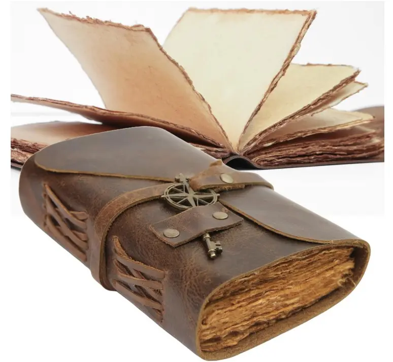 Vintage Leather Journal 4x6, Handmade Notebook with Deckle Edge Paper, 200 Pages, Writing, Sketching & Travel Notes