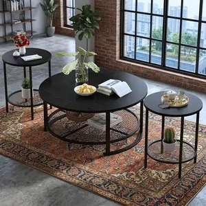 Industrial 3 Pieces Round Coffee Table Set with Metal Legs, 31.6 Inch Modern Living Room Coffee Table and 2 End Side Tables, Waterproof Wear Resistant Combination Furniture, Easy Assembly for Home Office Apartment Decor