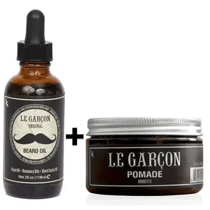 Beard Oil And Hair Pomade Le Garçon Grooming Duo Brings Pleasure To Your Hair and Facial Hair Grooming. Includes Argan Oil, Rosemary Oils and Black Castor Oil For Healthy Hair And Tidy Beard  2 Pc Bundle