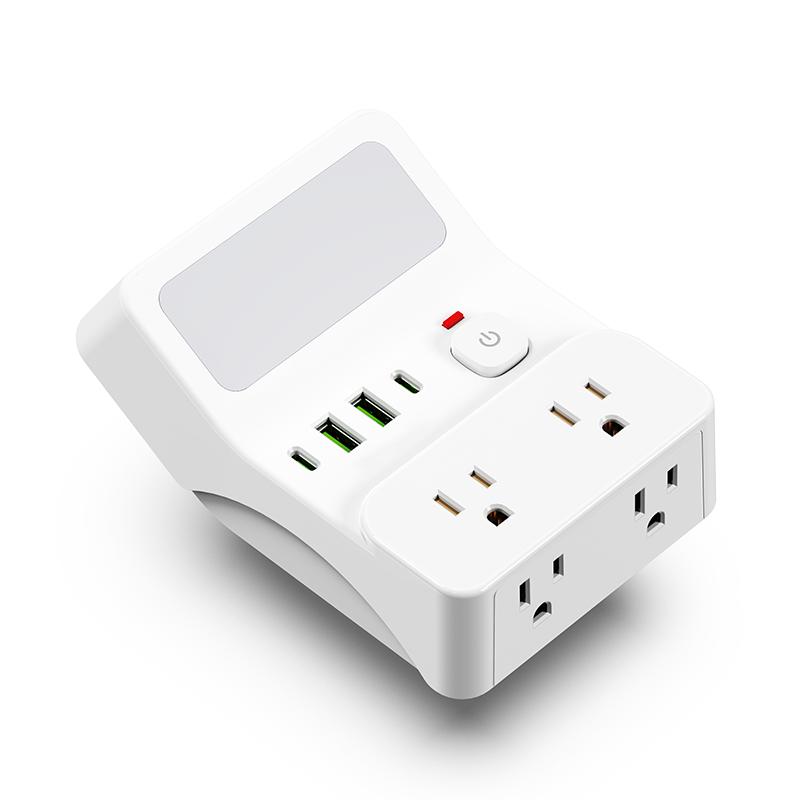1pc night light wall socket, 4 AC sockets with overload protection, maximum power of 1250W, 10A, 2 USB 2 Type-C, suitable for home, office, travel and computer.