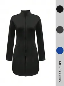 Women's Solid Zip Up Pocket Lab Coat, Casual Long Sleeve Stand Collar Outerwear Jacket for Summer, Women's Work Outerwear for Daily Wear