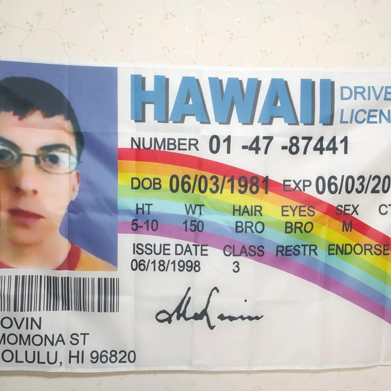 McLovin Driver License Flag: Funny Tapestry, 100D Polyester