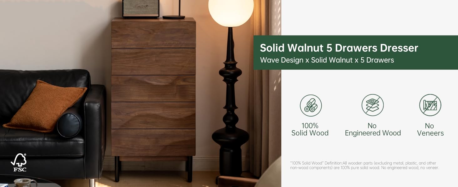 YESWOOD Solid Walnut Nightstand, 5 Drawer Bedside Table for Bedroom, Solid Wood nightstand with Drawers, Modern Night Stand for Living Room, Hallway, Closet(Black Walnut, 43" H)