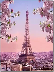 Pink Blossoming Paris Eiffel Tower Street Living Room Wall Art Landscape Canvas Print for Home Office Decor Framed Artwork Girl Bedroom Wall Decor Gift Poster Decoration Decorative Lover Painting Toddler Ornaments Photo Artistic