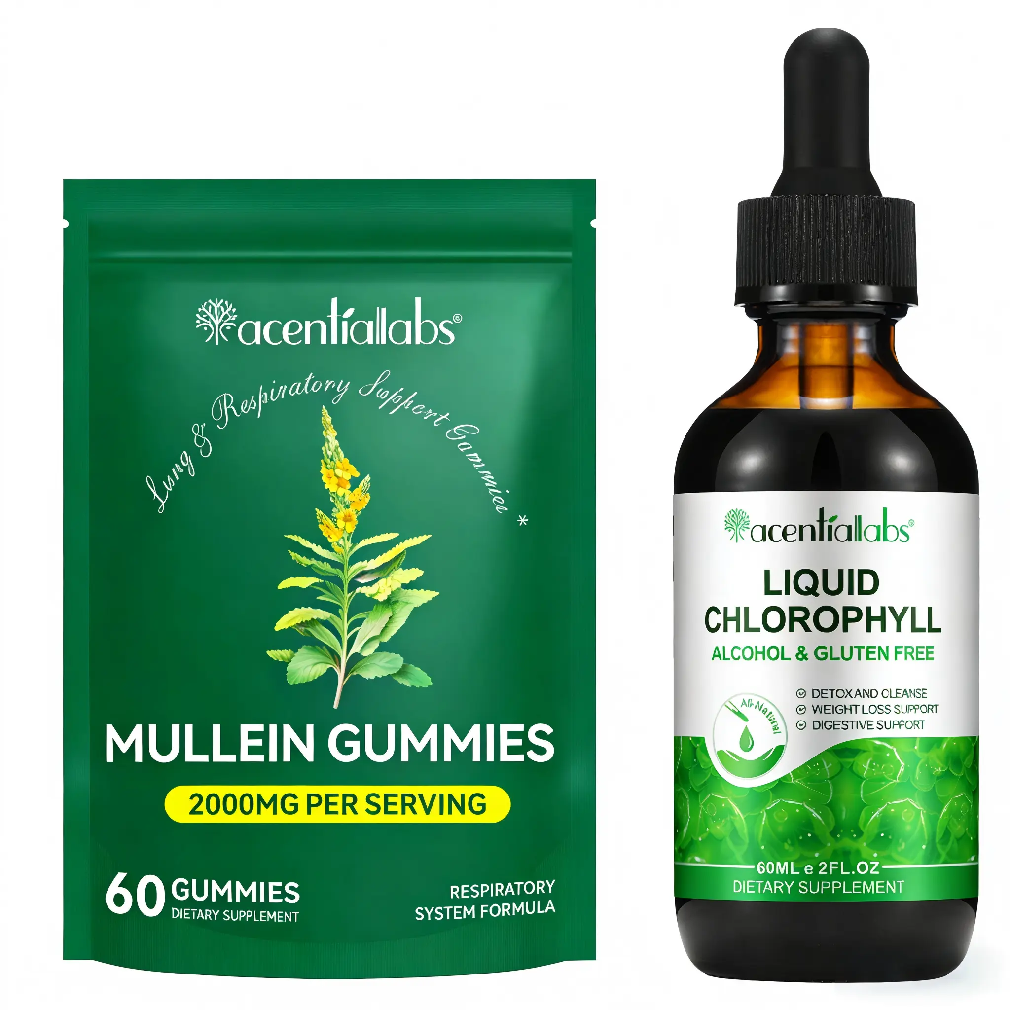 Acentiallabs Plant-Based Liquid Chlorophyll + Mullein Chewable Gummy Vitamins - Detox Supplements, Anti-Bloating, Digestive Health, Lung Support, Selfcare Daily Supplement