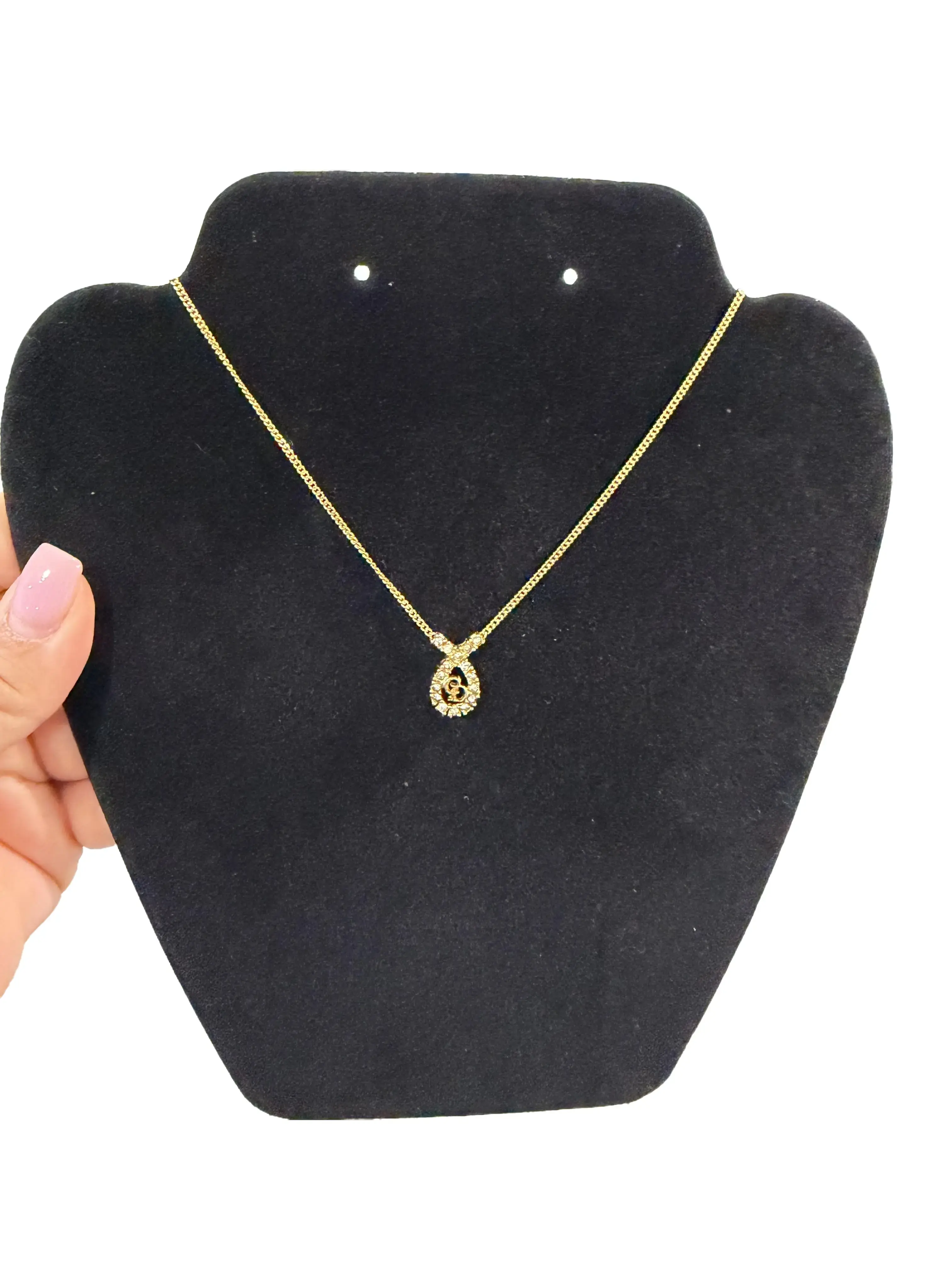 Pre-owned Christian Dior "Dior" Gold Ribbon with Stones Gold Plated Necklace (17 in.)