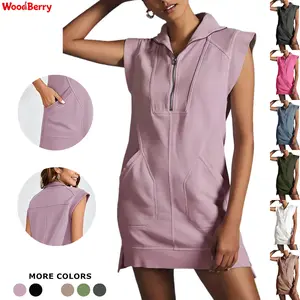 WoodBerry Women's Pull-On Half-Zip V-Neck Sleeveless Pullover Tunic Mini Dress, Casual Summer Sweatshirt Dress