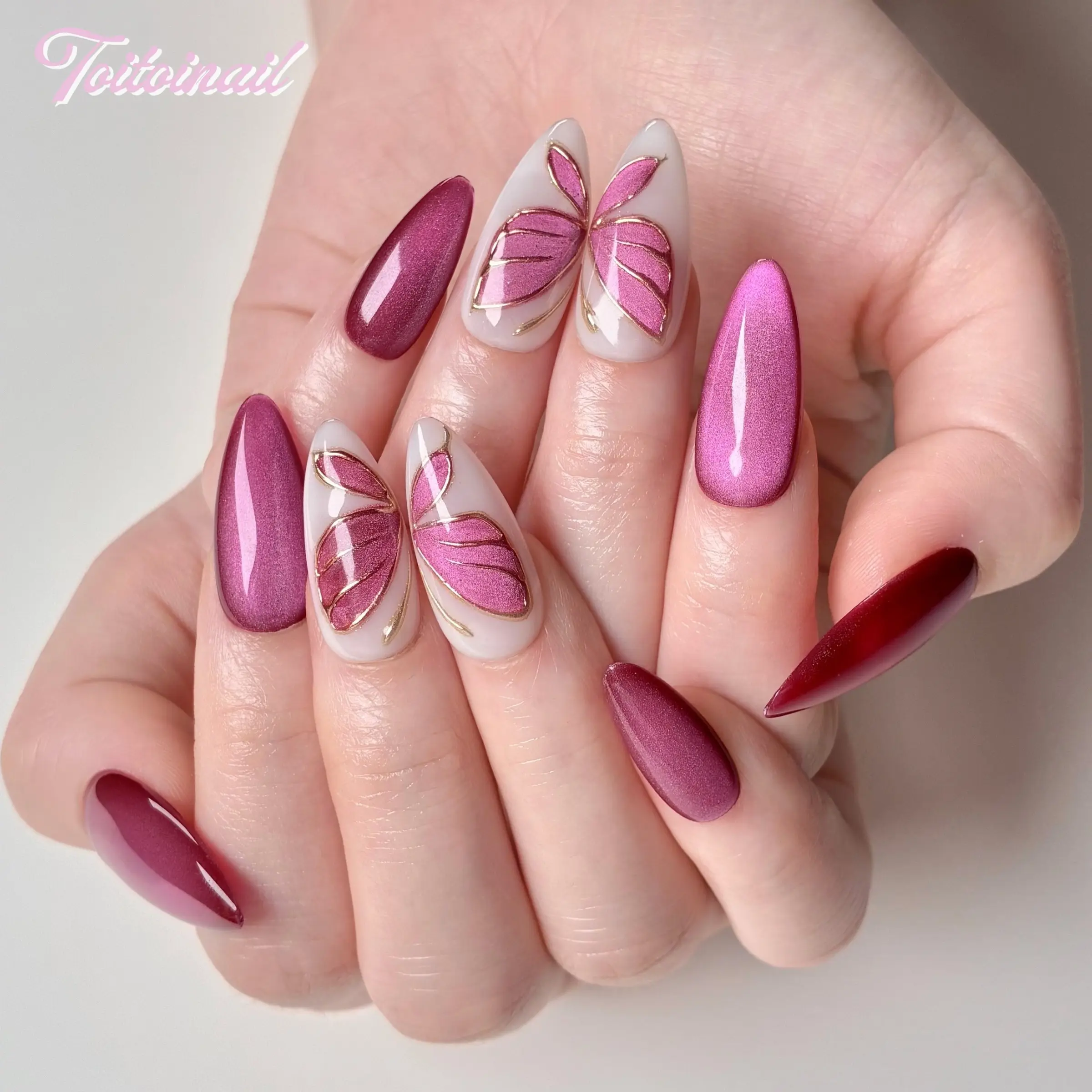 Rose Wing Handmade Press-On Nails, Acrylic Press On, Medium Almond Shape, 10pcs Nail Art, Rose Pink Cat Eye & Gold Foil Butterfly, High Gloss Mirror Finish, Reusable DIY Manicure Nail Kit for Women Daily Wear, Soft Girl Aesthetic False Nails