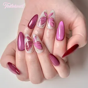 Rose Wing Handmade Press-On Nails | Medium Almond Shape, 10pcs Handmade Nail Art | Rose Pink Cat Eye & Gold Foil Butterfly | High Gloss Mirror Finish | Reusable DIY Manicure Nail Kit for Women Daily Wear | Trendy Soft Girl Aesthetic False Nails