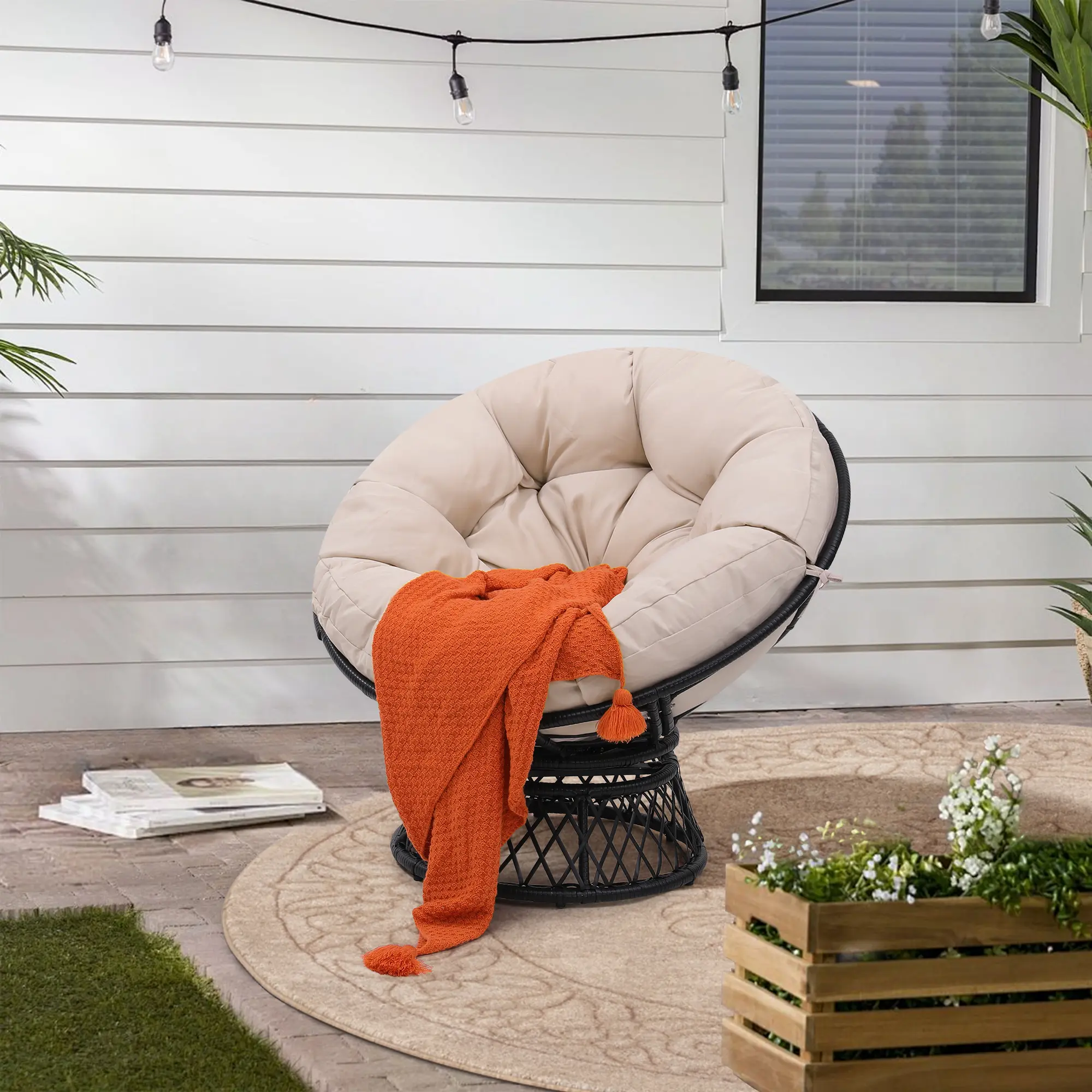 39'' Indoor Outdoor Wicker Papasan Chair, 360 Swivel, Round Egg Chair, Water and Stain Resistant Cover, Ideal for Living Room, Bedroom, Porch, Balcony, or Patio, Indoors or Outdoors summergarden