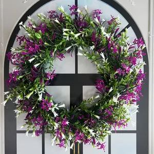 16.54-in Lightweight Spring Summer White Trumpet Flower Plastic Wreath with Purple Cone Stones, Baby's Breath, Easy Installation for Front Door, Wall, Patio Home Decor
