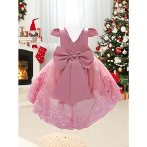 [Short Sleeves Dress] White Christening Dress Girl's with Puff Sleeves, Beaded Bow, Puffy Train |     Princess 1st Birthday Party