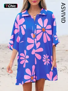 Women's Casual Floral Print Shirt Collar Button Front Jumpsuit with Pockets, High Waist Half Sleeve Romper, Button Front Shirt Collar Design, Comfortable, Loose and Stylish