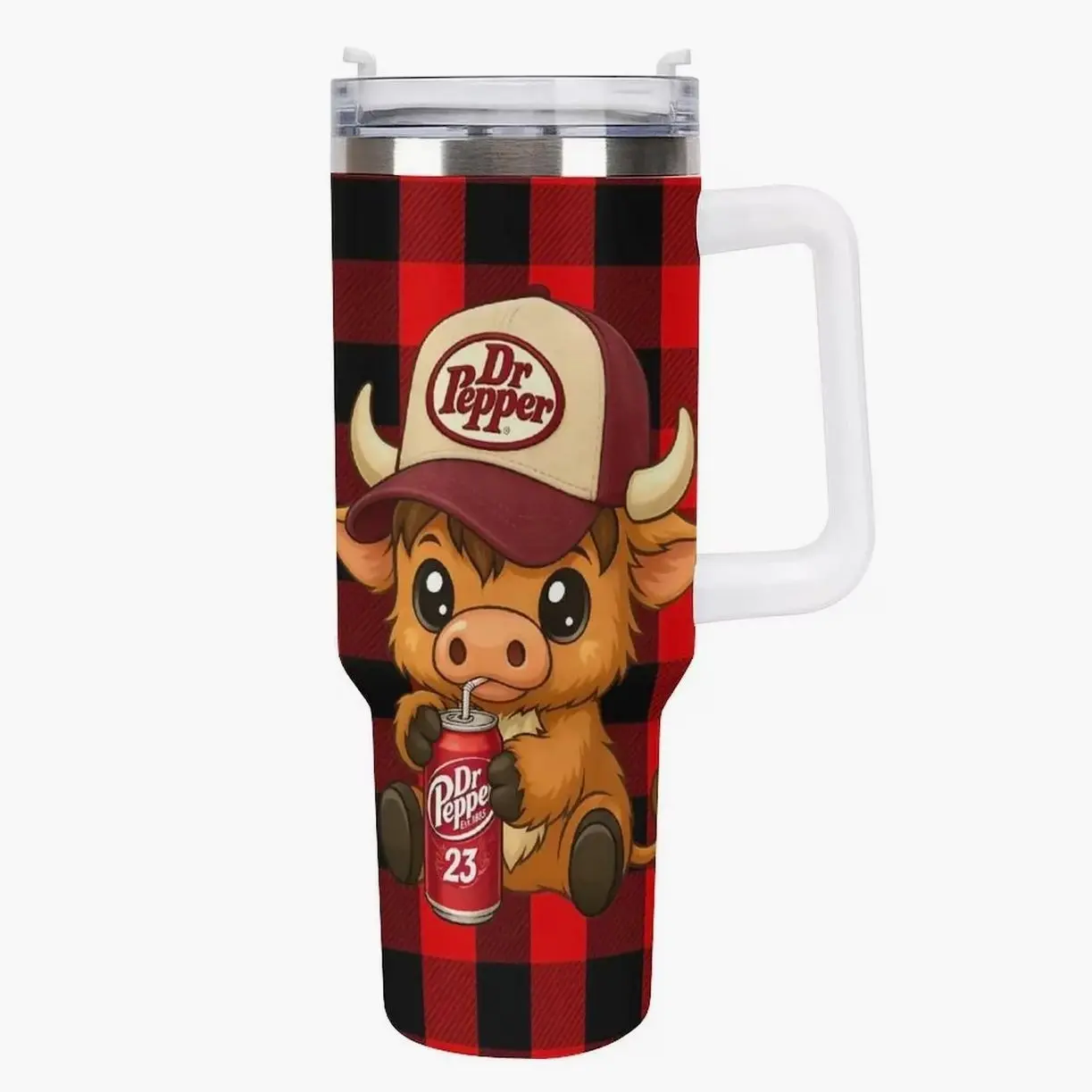 Highland Cow Soda Tumbler 40oz with Handle,Cute Cow Drinking Diet Coke Dr Pepper Mtn Dew, Western Plaid Checkered Travel Mug,Soda Lover Gift
