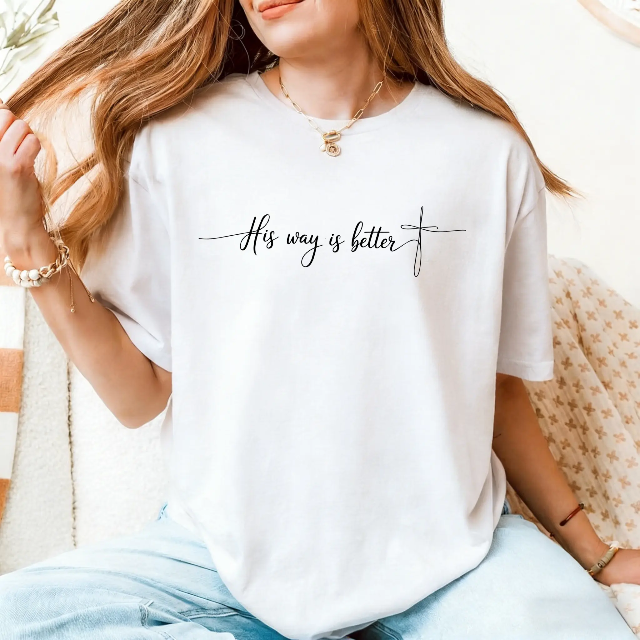 Women's Short-Sleeve "His Way Is Better" Cross Graphic Oversized T-Shirt - Christian Faith-Inspired Minimalist, Comfortable Fabrics, Birthday Gift, Casual, Sweatpants, Shortsleeve, Streetwear, Tshirt