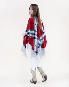Cozy Women's Bold Diagonal Checks Plaid Ruana Wrap Acrylic Blend Soft Woven Texture Open Front Cape-Style Fringed Hem Navy Camel Red