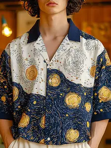 INCERUN Men's Summer Shirt,Casual Party Shirt,Van Gogh Star Print Short Sleeve Top,Suitable for Daily Wear