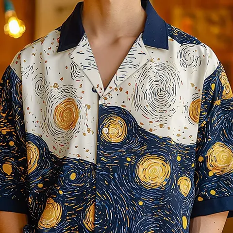 INCERUN Men's Summer Shirt,Casual Party Shirt,Casual Style Shirt,Van Gogh Star Print Short Sleeve Top,Suitable for Daily Wear, Casual Printed