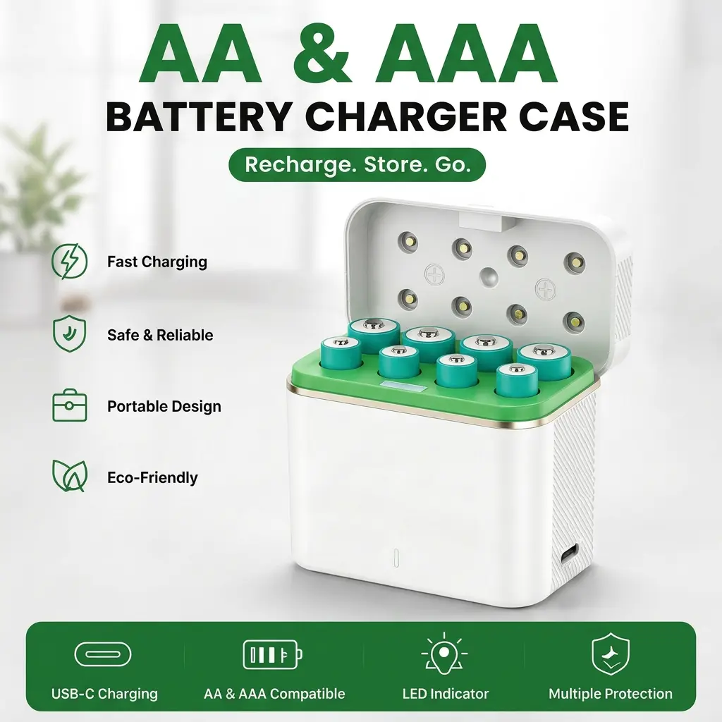 Portable Magnetic AA-AAA Rechargeable Battery Charger Box - USB Type-C Fast Charge Battery Organizer, Compact Storage Holder for Travel, Home Use