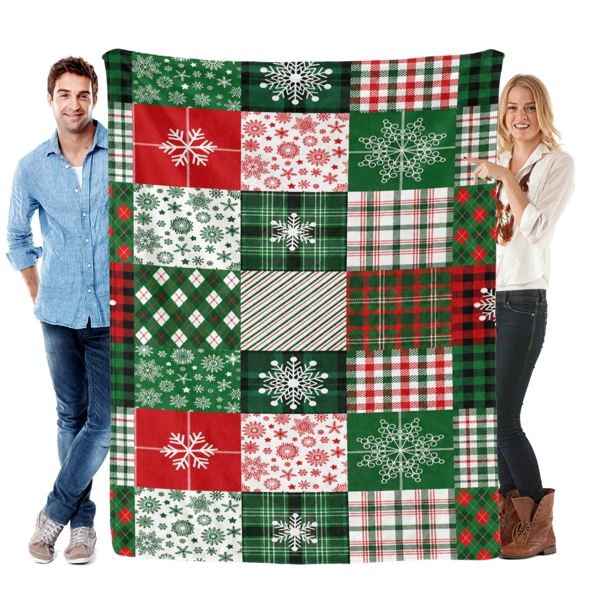 Christmas Plaid Flannel Throw Blanket, Soft Cozy Fleece Blanket with Red Green Patchwork Snowflake Print, Warm Lightweight Holiday Blanket for Couch Sofa Bed, Festive Winter Home Decor Gift for Kids Adults, Travel Nap Use, Machine Washable