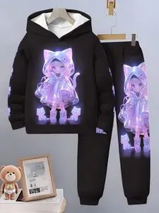 3D Colorful Cat Girl Set, Anime Cartoon Print Hoodie and Pants Two-Piece Set, Casual Long Sleeve Slim Fit Sweatpants, Clothes