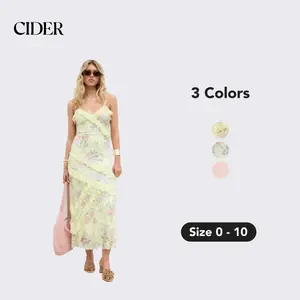 Cider Women's Lace V-neck Floral Ruffle Maxi Dress, Cute Floral Maxi Dress for Summer Vocation and Beach Wear, Ladies Sweetheart Maxi Party Dress for Summerfashion, Fairy Maxi Dress Layering Ruffle Design