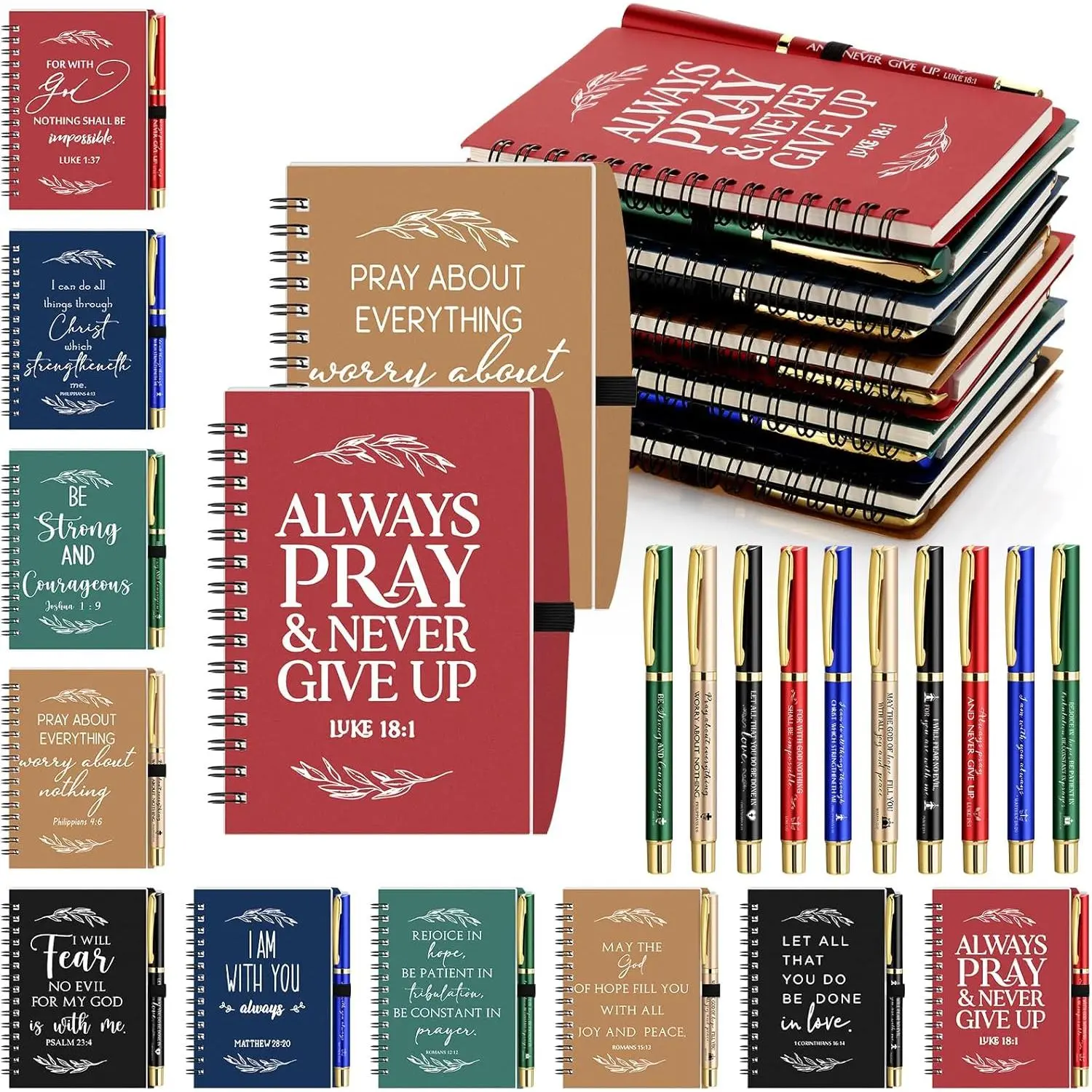 Modern Christian Journaling Kit Bulk (50 Sets, 100 Count) - Soft Cover Notebook, Christian Verses Ballpoint Pen, Workbook Journal, Religious Gifts for Women (Multicolor) for Thanksgiving, Father's Day, Church Events