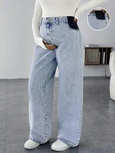 SHEIN Maternity Casual Loose Wide-Leg Blue Jeans Women Jeans Baggy Jeans Casual Loose Wide Leg Pants Blue Women Straight Jeans Thanksgiving Wide WaistY2k Women Winter/Spring Outfit sk12/1