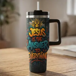 40oz Insulated Tumbler with Handle, 2-in-1 Lid for Direct Drinking & Soft Straw, Stainless Steel Vacuum Travel Mug, Graffiti Jesus Design, Car Cup Holder Friendly