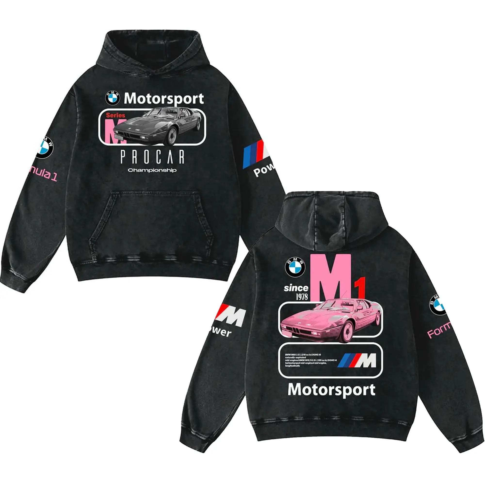 Retro BMW Motorsport Racing Washed Hoodie Fomula World Champion Enthusiast Apparel Streetwear Racing Team Super Motorsports Clothing Riders Motocross Off-Road Dirt Bike Fan Gear Cotton For Moto Fan