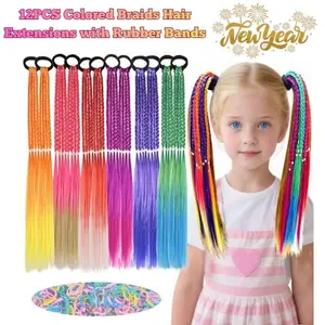 12PCS Colored Braids Hair Extensions with Rubber Bands – Rainbow Synthetic Ponytail for Kids, Teens & Women – Party, Cosplay & New Year Gift