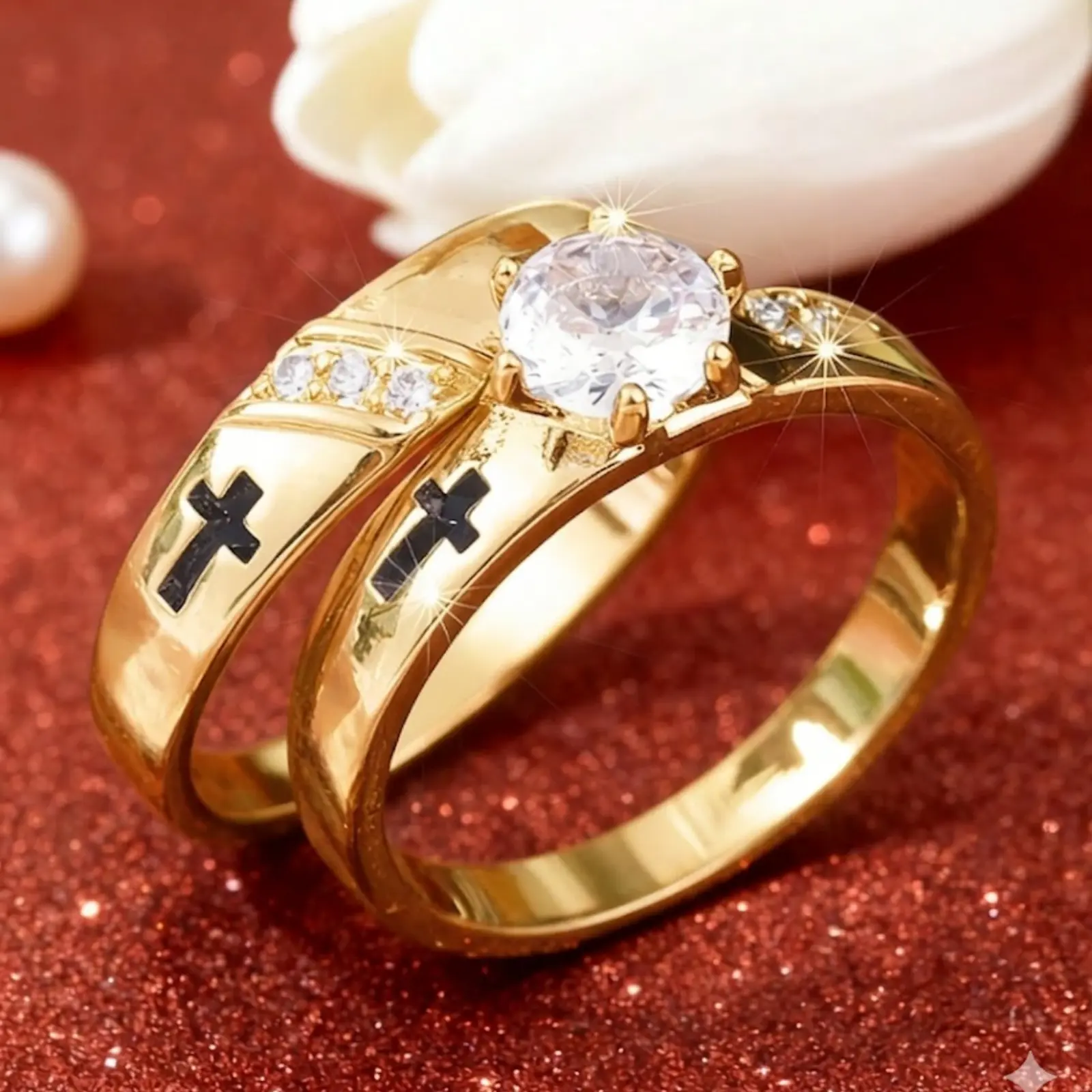 2PCS 14K Gold Plated Couple Rings Set for Women & Men, Matching Wedding Bands, Engagement Rings, Anniversary Gift Jewelry, Everyday Wear