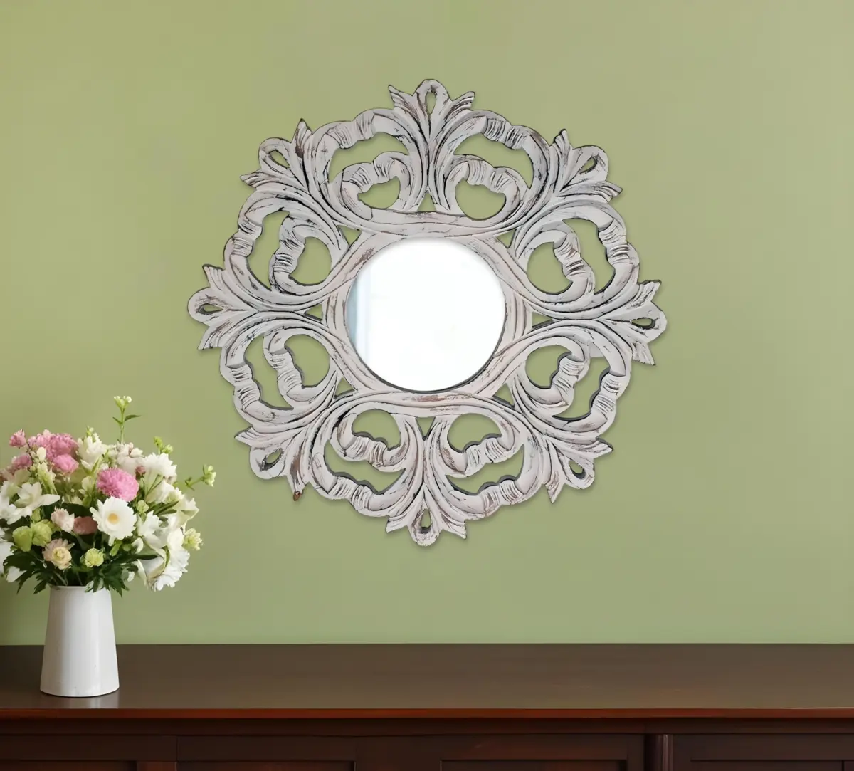 24 in. Vintage Elegant Round Framed Accent Mirror - White Floral Scrollwork Distressed Wood, Glass Surface, 360-Degree Stand, Wall-Mountable, Easy Installation for Room Decor, Vanity Aesthetic Home Use