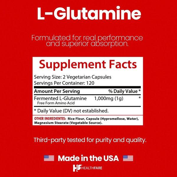 Healthfare L-Glutamine 1000mg | 240 Capsules | Amino Acid Fuel for Gut & Muscle