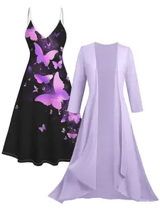 Women's 2-Piece Boho Floral Print Spaghetti-Strap Maxi Dress Set with Elegant Minimalist Basic Soft Fabric Knitted Cardigan, Flowy Chiffon Summer Wedding Guest Sports Outerwear