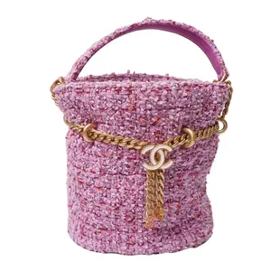 Pre-owned CHANEL fabric bucket bag Tweed Enamel Quilted Pending CC Bucket Drawstring Bag Light Purple& Pink &Red