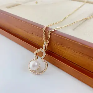 Gold Plated Gourd-Shaped Freshwater Pearl Necklace | Dainty CZ Paved Pendant for Women