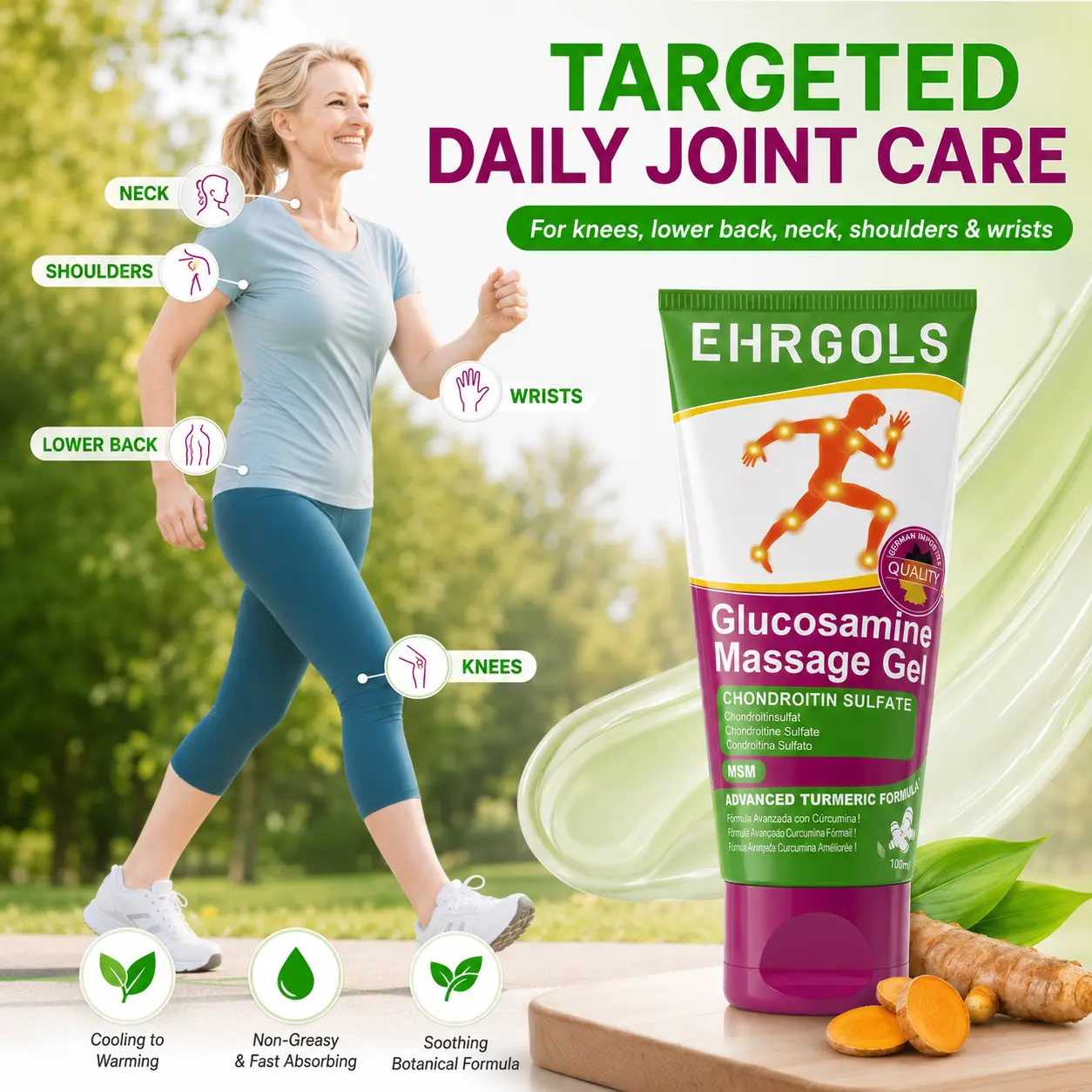 Ehrgols Glucosamine Joint Massage Gel (3.4 fl oz/100ml) with Turmeric & Chondroitin - Cooling-to-Warming, Non-Greasy Fast-Absorbing for Joint Pain, Back Pain Relief, Muscle Therapy (Adults)