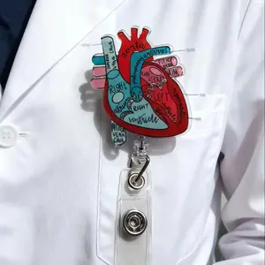 Anatomical Heart Design Retractable ID Holder with Expandable Design and Rotating Crocodile Clip, Fashionable Hospital Staff Card Case, Durable and Portable, Medical Badge